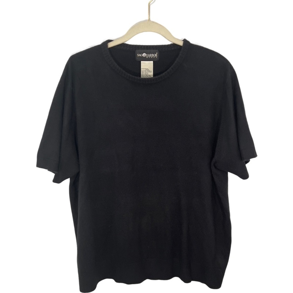 Sag Harbor Woman Black 100% Acrylic Short Sleeved Sweater with Braided Detail 2X